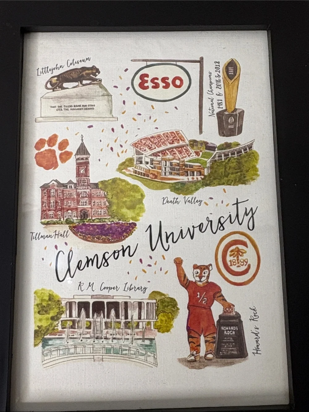 Clemson University Illustrated Art Print in Black Frame - Orange & Green Accents